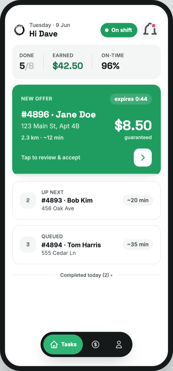 The Telyport driver app showing today's earnings, a guaranteed $8.50 delivery offer, and the next two queued stops with ETAs.